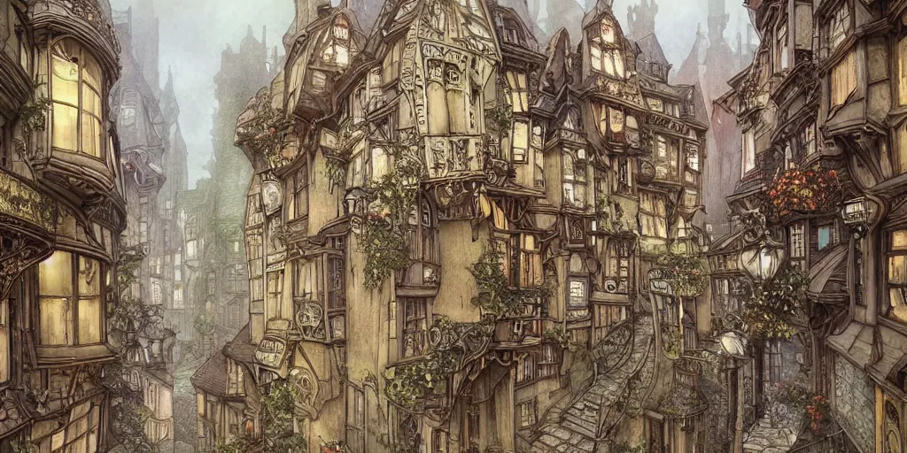 Prompt: a multi - level steep victorian dickensian village, art nouveau, baroque winding cobbled streets, style of arcane, magic the gathering, misty alleyways, tiled roofs, balconies, medieval tumbledown houses, st cirq lapopie, by brian froud and mucha and alan lee