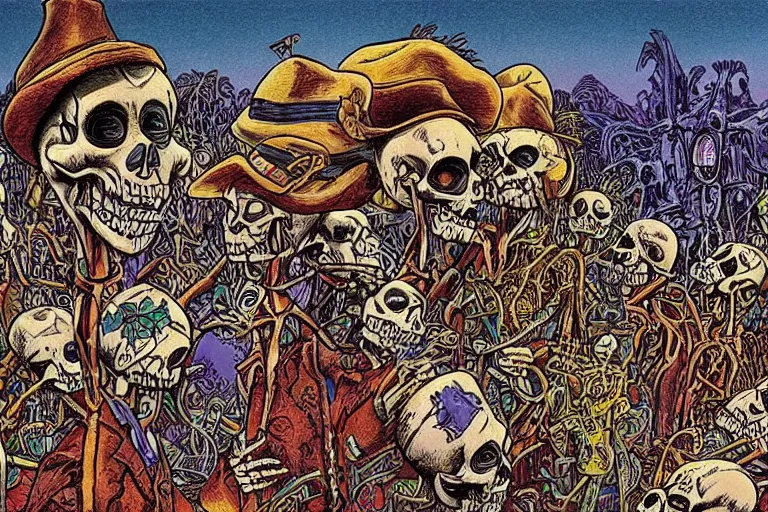 Image similar to scene from zoo, day of all the dead, skeletons, artwork by jean giraud