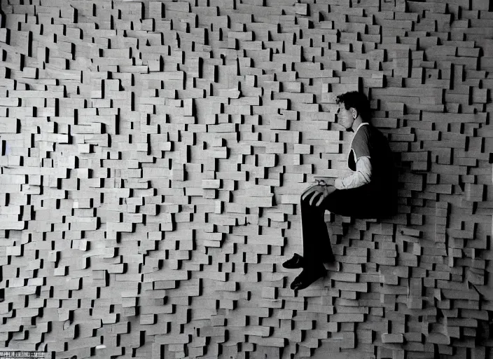 Prompt: realistic photo portrait of the a human computer made of wooden fragments levitating in the living room wooden walls 1 9 9 0, life magazine reportage photo