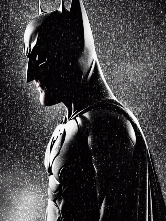 Image similar to film still, ryan renolds as batman, no mask, hyperrealism, moody lighting, rain, intricate, 8 k