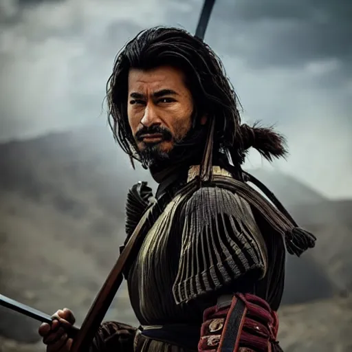 Image similar to handsome and strong kurdish samurai wielding a katana in a movie directed by christopher nolan, movie still frame, promotional image, imax 7 0 mm footage, perfect symmetrical facial features