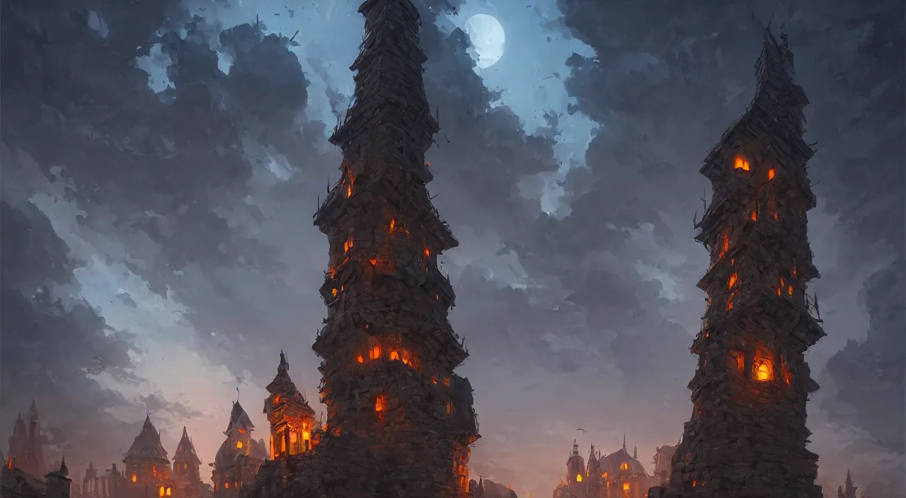Prompt: ancient tower at night by Andreas Rocha, wide angle, full-length view, high contrast, symmetry, great composition, high detail, sharp, oil painting, award winning masterpiece, trending on artstation