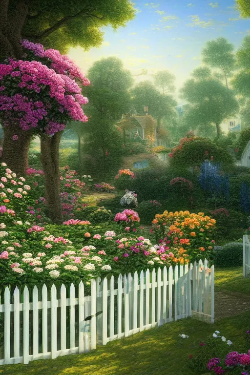 Prompt: a beautiful digital illustration painting of a detailed daisy and rose garden with a white picket fence by benoit b. mandelbrot, steven belledin, martin johnson heade, lee madgwick, caspar david friedrich, and david rios ferreira, thomas kinkade. 8 k resolution trending on artstation concept art digital illustration