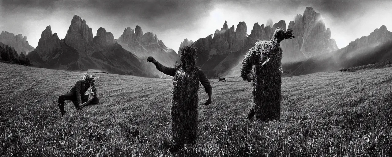 Image similar to mysterious scene of tyrolean farmer transforming into hay man with horns , dolomites in background, roots and edelweiss growing out of the body 35mm double-exposure photo, palm body, deep shadows, german expressionism, noir, slightly colorful, photorealistic, detailed smoke, natural bones and skin, natural textures, depth of field, ambient occlusion, motion blur, HD, masterpiece, volumetric, chromatic aberration by Richard Avedon, style of Ade Santora, perfect composition, masterpiece, intricate detailed