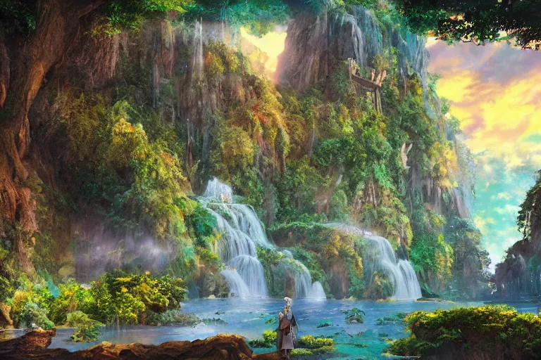 Prompt: still from the lord of the rings movie rivendell, 4 k digital paint by studio ghibli hayao miyazaki. vivid colours, vaporwave lighting style, very sharp and detailed. trending on artstation and behance.