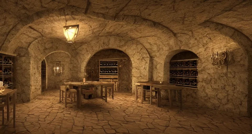 Image similar to A beautiful hyper realistic ultra detailed lifelike matte painting of traditional austrian wine cellar, unreal engine, deviantart, flickr, artstation, octane render, textured, colorful, extreme realistic detail, physically based rendering, pbr render, very detailed, volumetric lighting, detailed lighting, octane render, 4k, cinematic lighting, 8k resolution