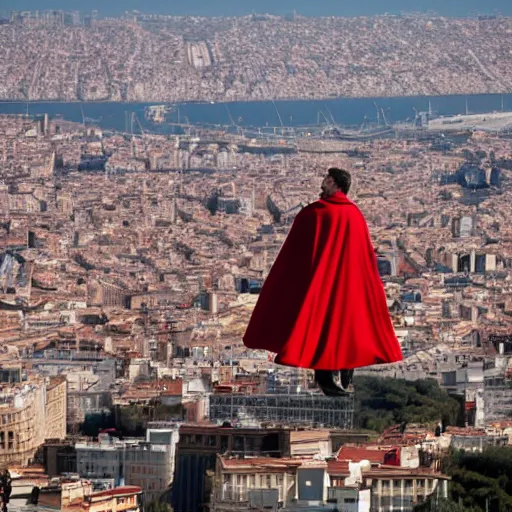 Image similar to santigo abascal flying over barcelona wearing a red cape