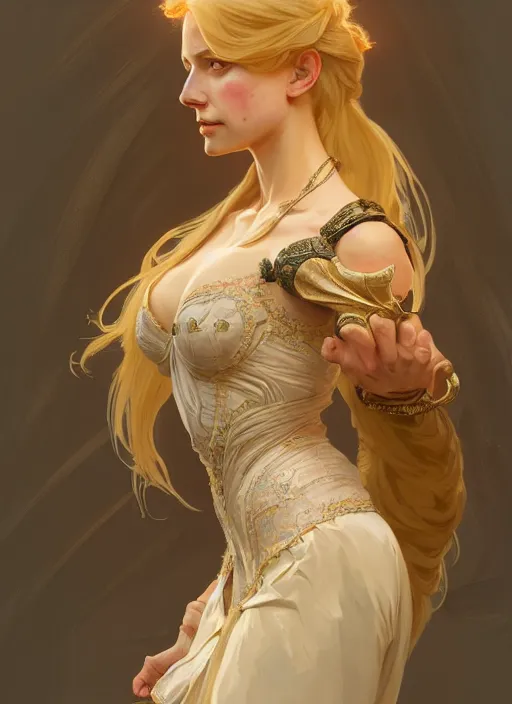 Image similar to portrait of a full body of beautiful female princess, d & d, baroque dress, flat lighting, intricate, muscular, highly detailed, digital painting, artstation, concept art, smooth, sharp focus, illustration, art by simon bisley and greg rutkowski and alphonse mucha, natural tpose