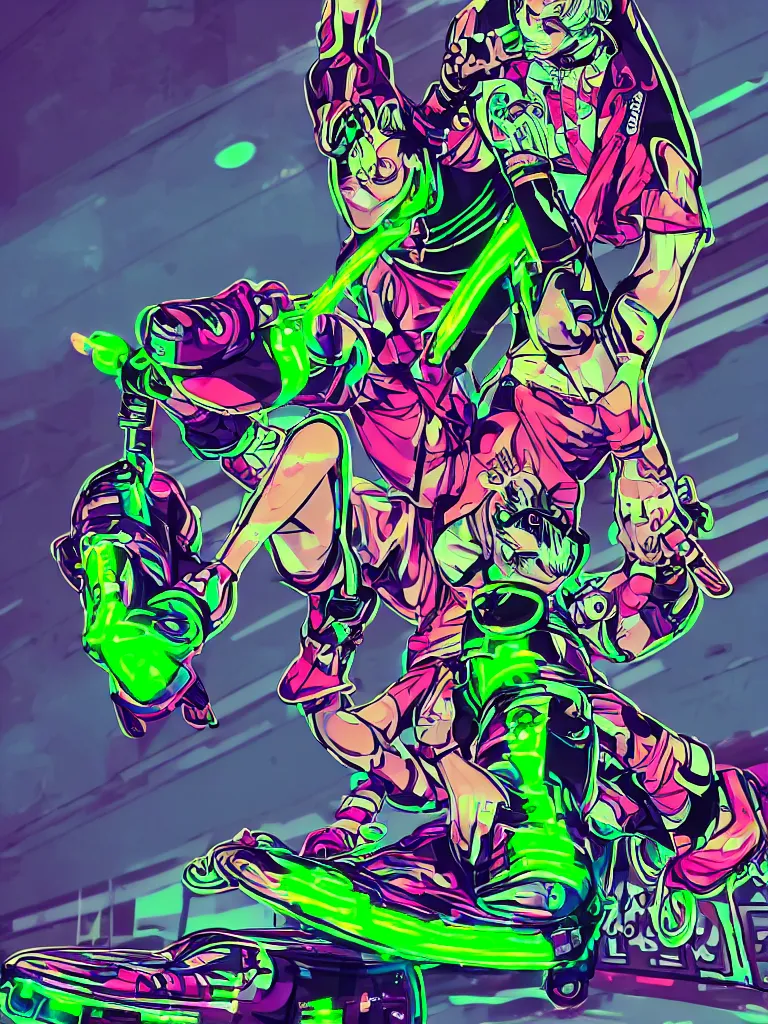 Prompt: illustration of a character riding rollerskating, street wear clothing, large rollerblades, vinyl material, neon fluo details, seen from below, dynamic posing, fashion photoshoot, 4 k, by jet set radio,