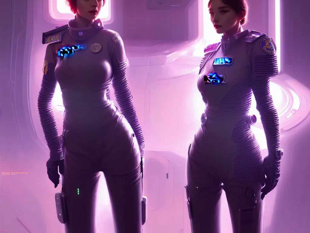 Image similar to portrait futuristic planet venus police uniform female, in a future huge spaceship internal, neon light, ssci - fi and fantasy, intricate and very very beautiful and elegant, highly detailed, digital painting, artstation, concept art, smooth and sharp focus, illustration, art by tan zi and ayanamikodon and alphonse mucha and wlop