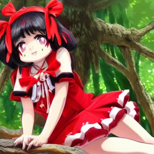 Image similar to a imaginefx of reimu in the jungle wearing bonnet