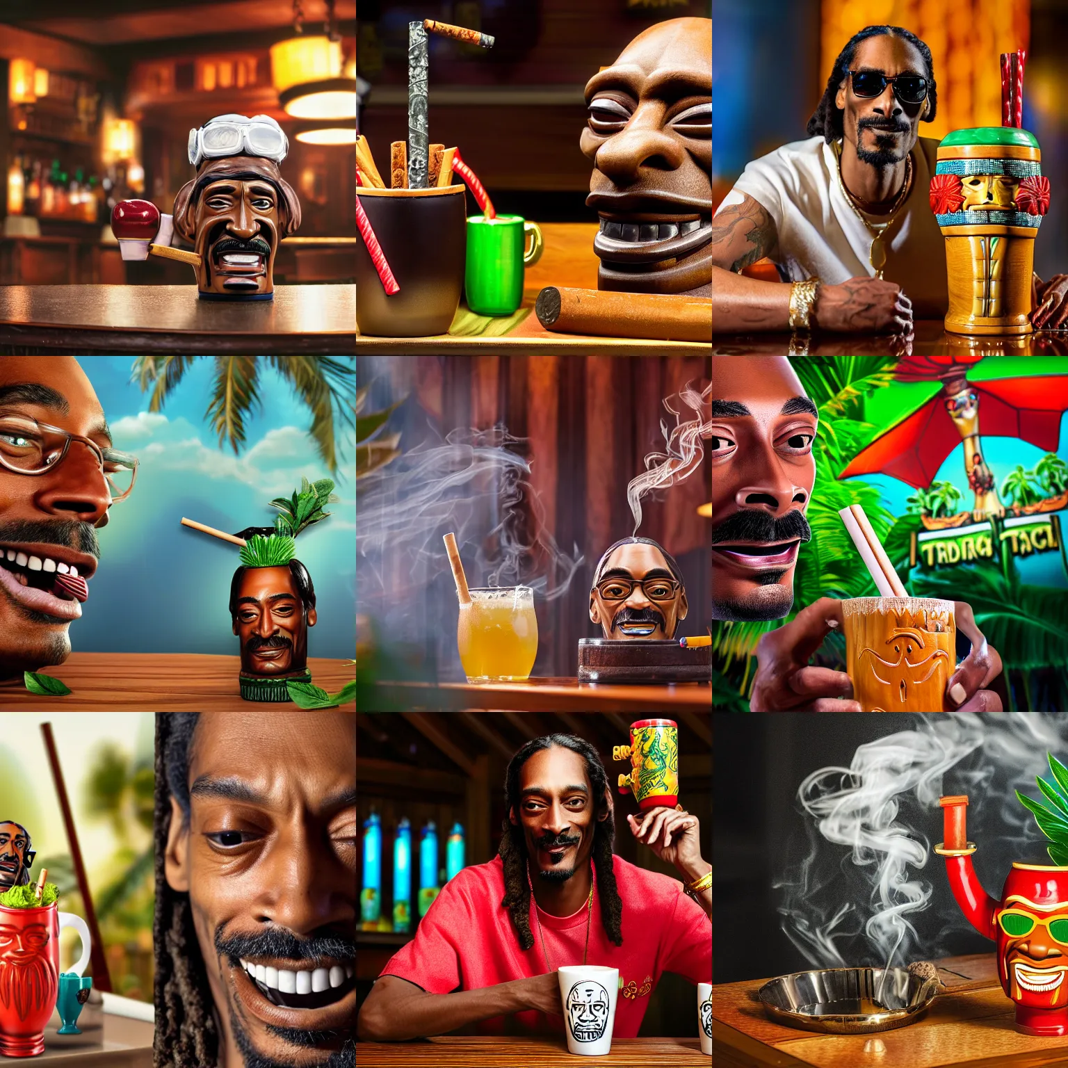 Prompt: a closeup photorealistic photograph of happy blunt smoking snoop dogg at trader vic's bar sitting next to a trader vic's style tiki mug with snoop dogg's face. tiki culture. bright scene. 4 k hd image that's trending on artstation, featured on behance, well rendered, extra crisp, features epic composition and the style of unreal engine.