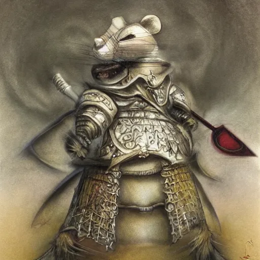 Image similar to an anthropomorphic white mouse samurai wearing armor by Eiko Ishioka cinematic concept painting by brian froud and hr giger