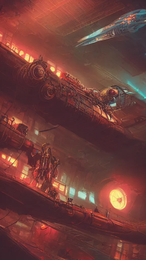 Image similar to concept art, retro - futurist steampunk pilot, airship hangar, imperious, octane render, artstation, dramatic neon lighting, glowing imperial motifs, eerie, mysterious, red turquoise accents, bladerunner, by gerald brom, james jean, syd mead, akihiko yoshida, cinematic