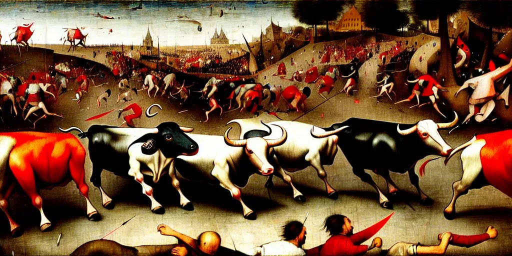 Image similar to the running of the bulls in pamplona, hundreds of people are fleeing from rampaging bulls in the city streets, art by hieronymus bosch, intricate, elegant, highly detailed, smooth, sharp focus, artstation