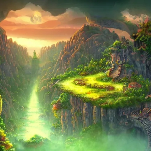 Image similar to way to the beautiful city in a ring of mountains, side-scrolling 2d platformer game level, swirling clouds, fantasy magical vegetation, dramatic dusk sun illuminates areas, volumetric light , detailed, rich color, upscale, fantasy, 8k