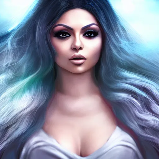 Image similar to portait princess haifa wehbe, centred, very long hair, hd, unreal engine, art digital painting, final fantasy style, amazing background theme