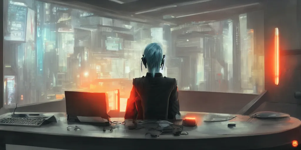 Image similar to An anonymous blonde guard seen from the back sitting in front of a cyberpunk dystopian desk with matrix falling orange text cyberpunk, artstation