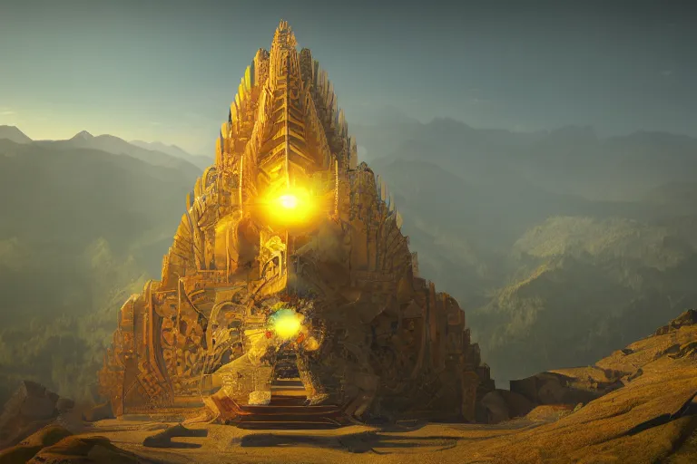 Image similar to geometric solar temple in mountains, trending on artstation, cinematic, artwork by Gurney, James