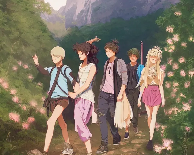 Image similar to a cinematic boy girl traditional romance moment of a group of university friends hiking wearing boho clothing and peonies, full body illustration,bestselling movie art poster, official media, 1970s fashion, official anime media, incredible art by artgerm and greg rutkowski and doja cat