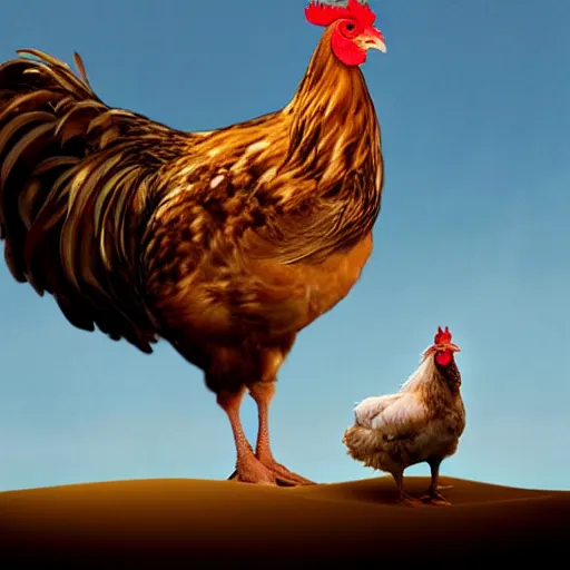 Image similar to realistic photograph of a chicken in a desert with a helicopter, high quality