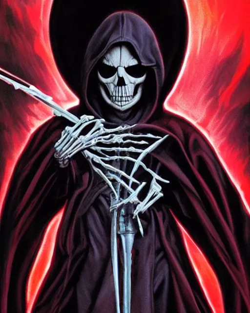 Image similar to hooded sith lord skeletal figure with fiery angry red eyes, airbrush, drew struzan illustration art, key art, movie poster