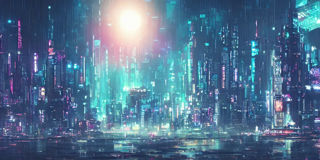 Image similar to city in the style of cyberpunk with a gigantic building in the middle, space sky, anime illustration,