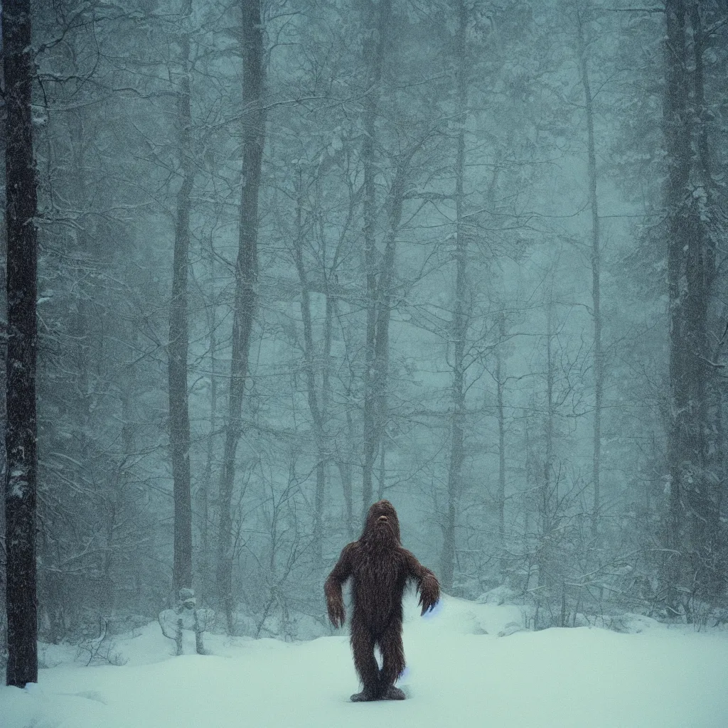 Image similar to photo, bigfoot is hiding in the background. cold color temperature, snow storm. hazy atmosphere. humidity haze. kodak ektachrome, greenish expired film, award winning, low contrast