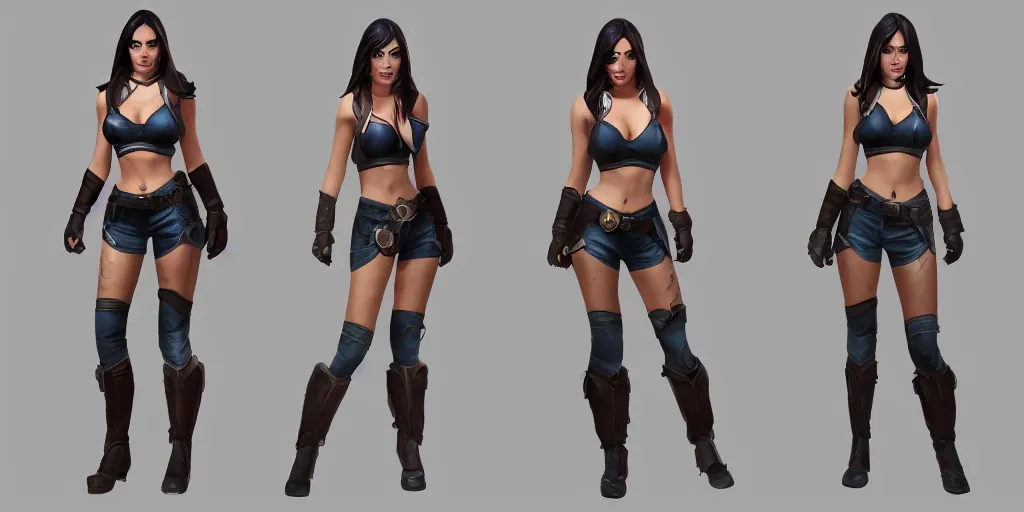 Image similar to character sheet of Megan Fox dressed like Caitlyn in the game League of Legends, with a background based on the game League of Legends, unreal engine 5