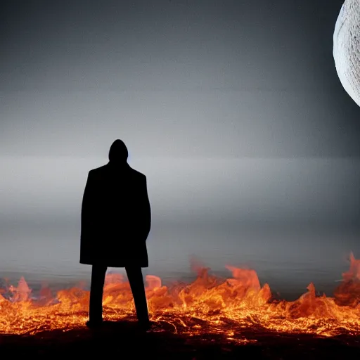 Image similar to The man in the black coat looking at the great burning moon, hyperrealistic, high detalied, 8K, high quality, high rendering,