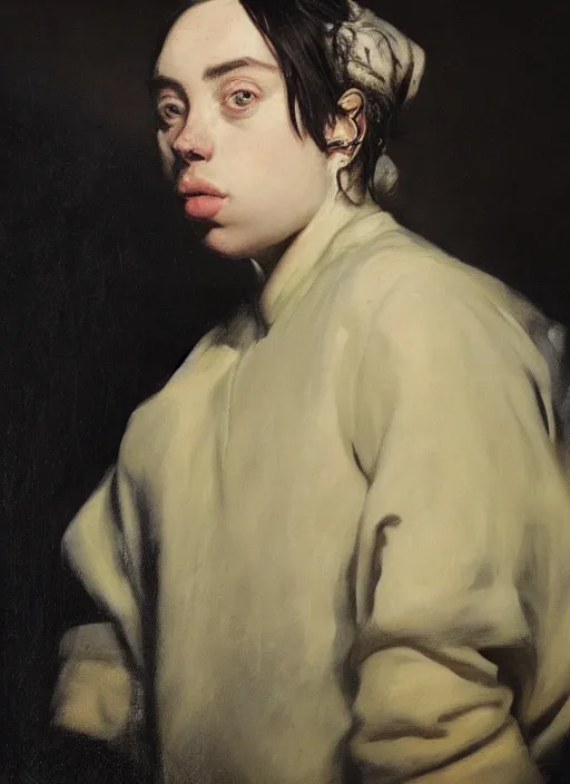 Prompt: unnerving realistic oil painting portrait of Billie Eilish by Francisco de Goya, realistic, dramatic backlighting