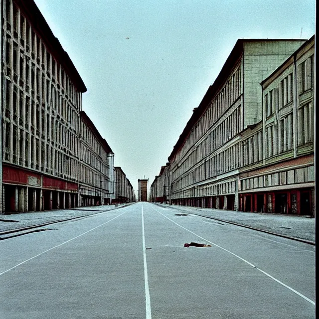 Prompt: empty town street with identical high soviet endless buildings. perfect grass lawn in the center of the frame instead of asphalt and road. cinematic, by hermann nitsch and hermann nitsch