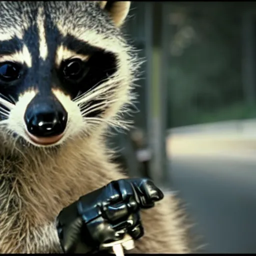 Prompt: cinematic still of a raccoon dressed up as terminator on a motorbike