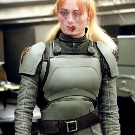 Prompt: sophie turner as starbuck from battlestar galactica 2 0 0 3, behind the scenes photo