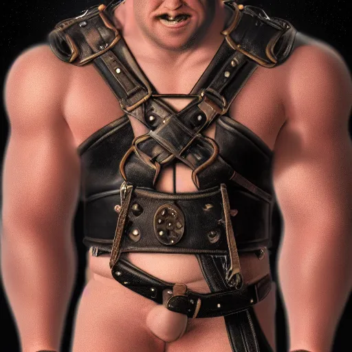 Image similar to 3 5 mm photo of popeye the sailor man wearing leather harness in the style of tom of finland, furry chest, full body, ultra high detailed, glowing lights, oil painting, unreal 5, daz, hyperrealistic, octane render, rpg portrait, dynamic lighting, fantasy art, beautiful face