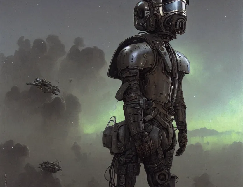 Prompt: a detailed portrait painting of a lone bounty hunter wearing combat armour and a reflective visor. Head and chest only. Dieselpunk elements. Movie scene, cinematic sci-fi scene. Flight suit, cloth and metal, accurate anatomy. portrait symmetrical and science fiction theme with lightning, aurora lighting. clouds and stars. Atmospheric. Futurism by moebius beksinski carl spitzweg moebius and tuomas korpi. baroque elements. baroque element. intricate artwork by caravaggio. Oil painting. Trending on artstation. 8k