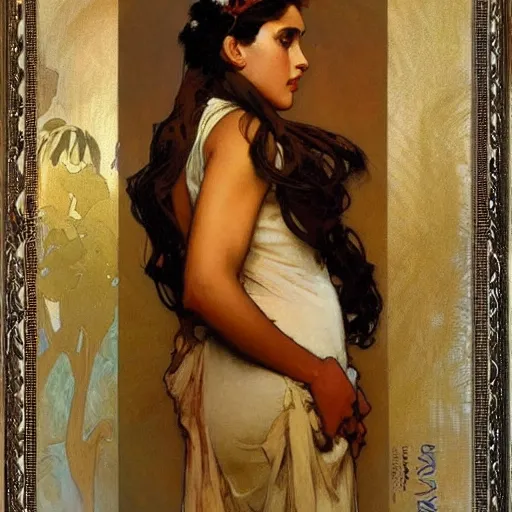 Image similar to beautiful brown skin girl with pouty lips by alphonse mucha and greg manchess