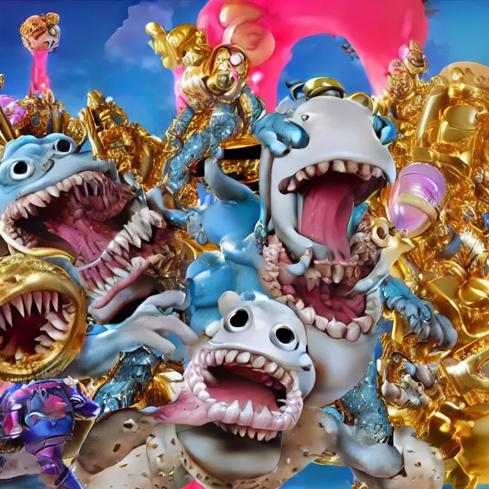 Prompt: jeff koons hip hop style street sharks wearing grillz and a ton of bussdown iced gold bling in wallace & gromit claymation, ultra realistic, concept art, intricate details, serious, highly detailed, photorealistic, octane render, 8 k, unreal engine, art by todd mcfarlane and artgerm and greg rutkowski and alphonse mucha