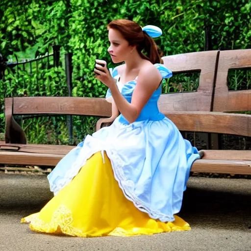 Image similar to Belle from Disney's Beauty and the Beast playing with an iPhone while sitting on a bench in a park. She has on a white summer dress with yellow accents and a blue ribbon in her hair.