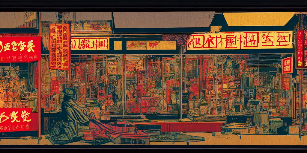 Prompt: a shop window in hong kong, by dan mumford and peter doig and edward hopper, minimal, black ink, thick lines, highly detailed, muted colours, overlaid with chinese adverts, 8 k