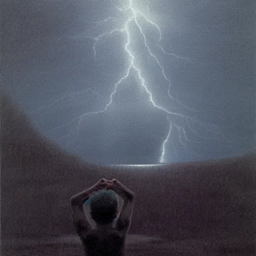 Image similar to killua zoldyck made by zdzisław beksinski, thunderstorm, 8 k, detailed, cinematic, rain, crying, black