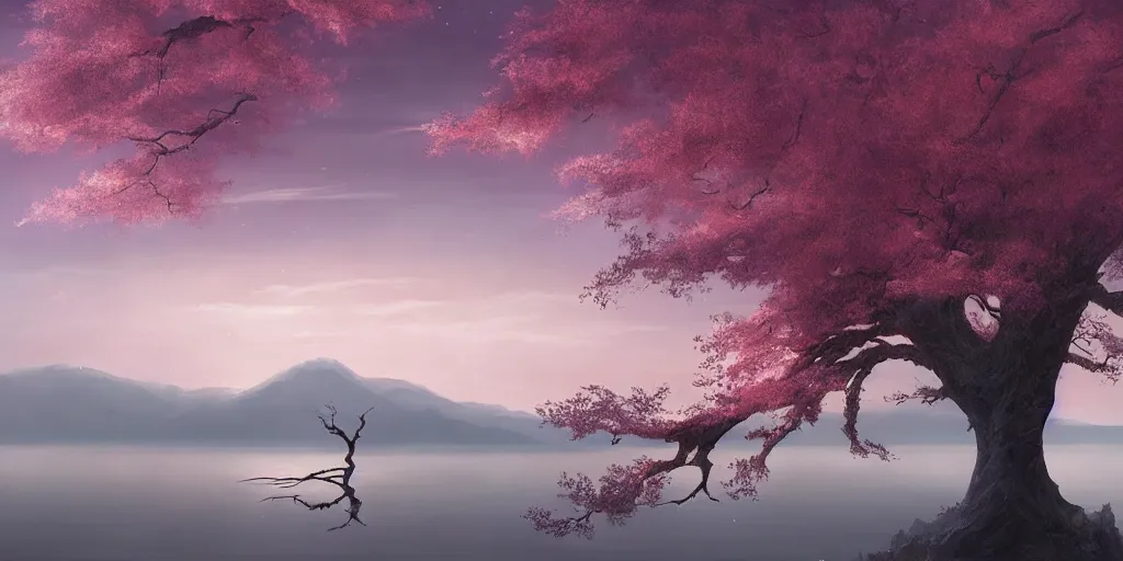 Image similar to vanishing point a single sakura tree upon a lake, viewed from afar, stephen bliss, mist, unreal engine, fantasy art by greg rutkowski, loish, rhads, ferdinand knab, makoto shinkai and lois van baarle, ilya kuvshinov, rossdraws, tom bagshaw, global illumination, radiant light, minimalist, detailed and intricate environment