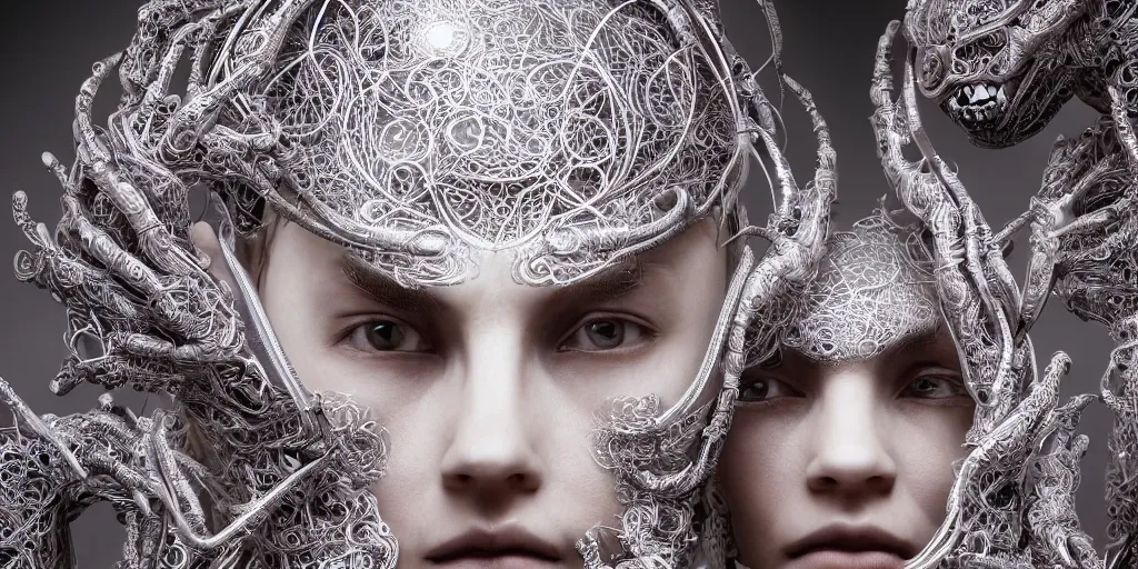 Image similar to hyper realistic photography of a stunningly cyborg female and male, intimate, intricate filigree, in the style of beth cavener, jin kagetsu, and wlop, highly detailed, chrome face symmetry, masterpiece, award - winning, sharp focus, concept art, high key, ambient lighting, 8 k, octane render,