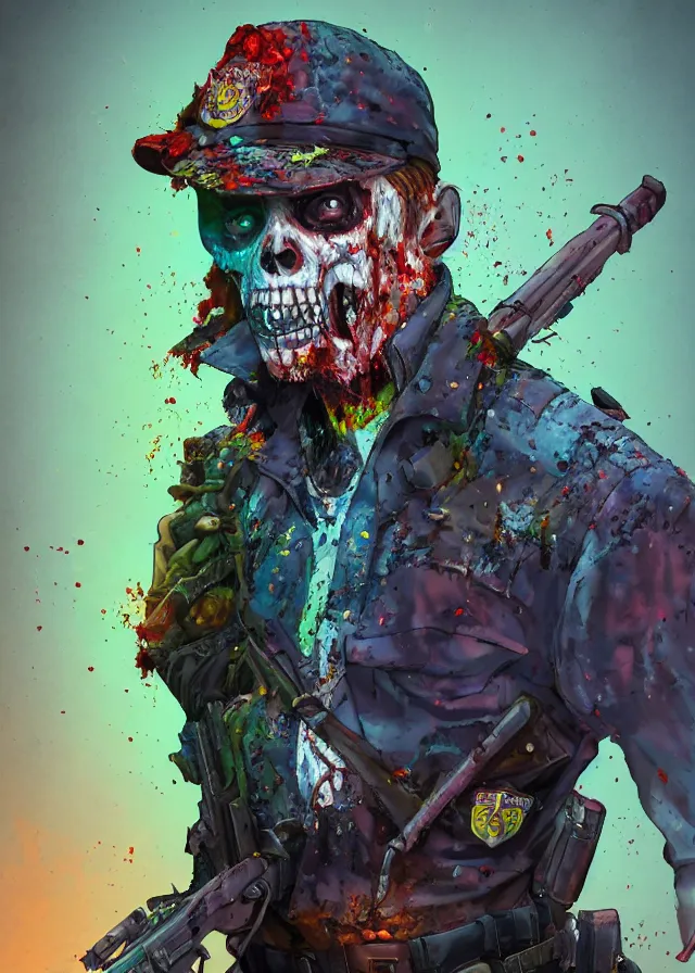 Prompt: a portrait of a lawful evil alignment personified as a dead zombie policeman, wearing a class a police uniform, colorful ooze on his face by artgerm, kim jung gi, irakli nadar, bright colors, final fantasy, unreal engine 5 highly rendered, global illumination, radiant light, detailed and intricate