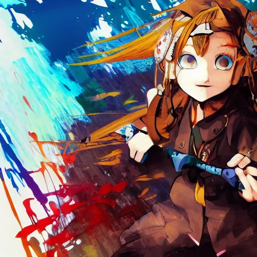 Prompt: Ibuki Suika by Yoji Shinkawa, heavy outlines, bright and contrasting colors, beautiful and cool, 4k, wallpaper, pixiv