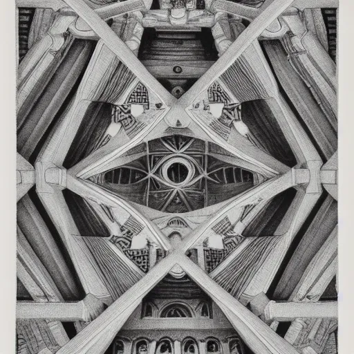 Prompt: escher print of impossible cathedral