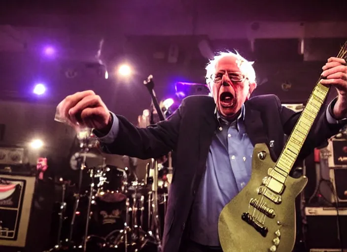 Image similar to publicity photo still of bernie sanders in a death metal band playing live on stage, 8 k, live concert lighting, mid shot