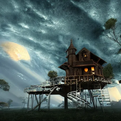 Image similar to an lone haunted treehouse on the moon, in a storm, golden hour, ray tracing reflection, 8k, hyper realistic, insanely detailed, hdr, octan render,