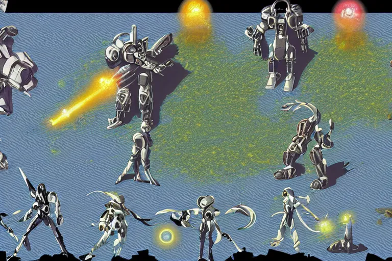 Image similar to scifi cybernetic fantasy steppe-themed hungarian slavic mecha floral divine holy being light jrpg ps1 turn-based battle sequence combat gameplay screenshot dynamic action scene, in the style of final fantasy, star ocean, resonance of fate, xenogears, nier automata