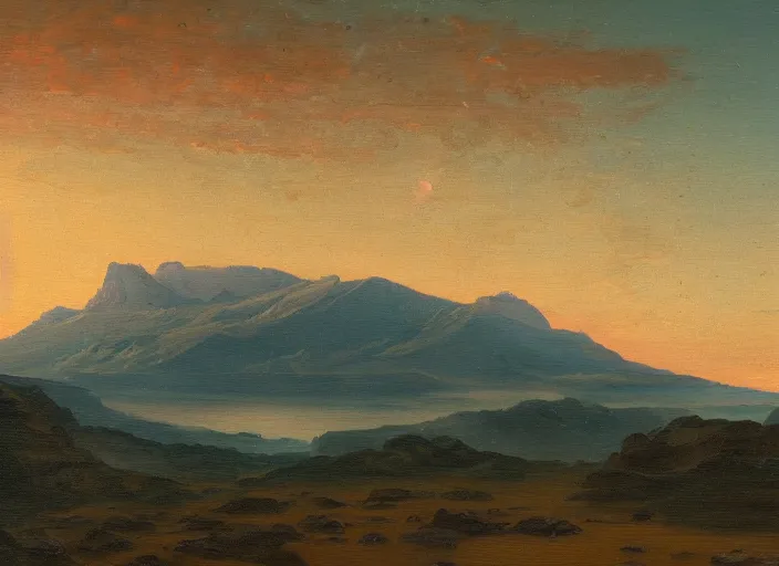 Image similar to mount olympus, mars in the style of hudson river school of art, oil on canvas